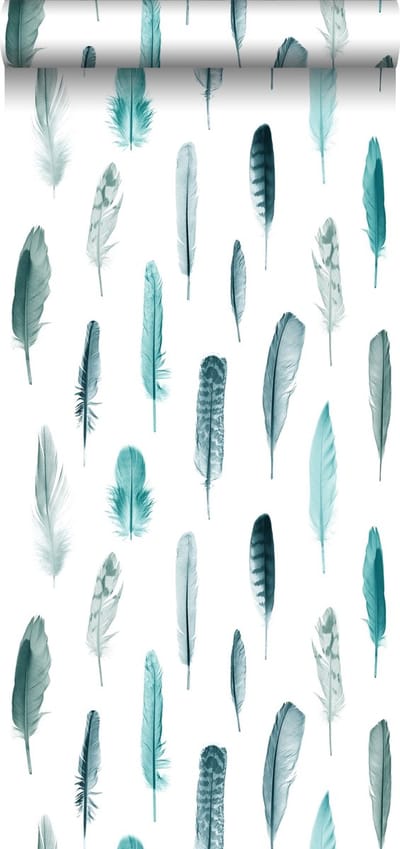 ESTAhome behang veren turquoise en mat wit - 53 cm x 10.05 m - 138895