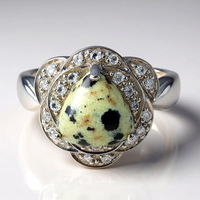 Cavill - Zilveren Ring - 925 Sterling Zilver - Dalmatiër Jaspis Trilliant Cabochon 3,39 ct - 24 Cambodjaanse Zirkonen 0,573 ct - Elegante Damesring