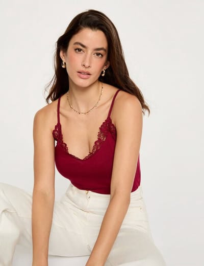 Morgan - Top met V-hals en kanten afwerking 262-Beri Bordeauxrode - Maat : XS