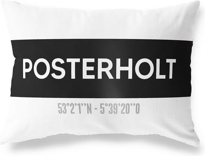 Tuinkussen POSTERHOLT - LIMBURG met coördinaten - Buitenkussen - Bootkussen - Weerbestendig - Jouw Plaats - Studio216 - Modern - Zwart-Wit - 50x30cm