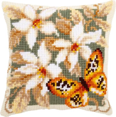 Vervaco - Kruissteekkussen kit - Witte bloemen en vlinder - PN-0148254 - Borduren - Borduurpakket - Borduurpakket volwassenen - Borduurpakket kind