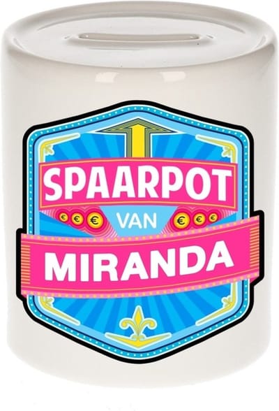 Bellatio Decorations Kinder spaarpot met naam - Miranda - keramiek - met dop - wit - Sparen - Spaargeld van Miranda
