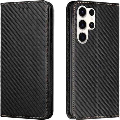 Luxe BookCover Hoes Etui geschikt voor Samsung Galaxy S25 Ultra Zwart-Carbon