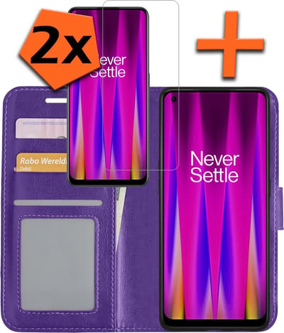 Hoes - Met 2x Screenprotector - Geschikt voor OnePlus Nord CE 2 - Luxe Pasjeshouder - Bookcase Portemonee - Flip Case - Kunstleer Book Case - Flipcase Hoes - Book Cover - Walletcase - PortemonneeHoes - Paars