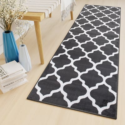 Tapiso Luxury Tapijtloper Grijs Donker Marokkaanse Trellis Gang Woonkamer Vloerkleed Maat- 70x100
