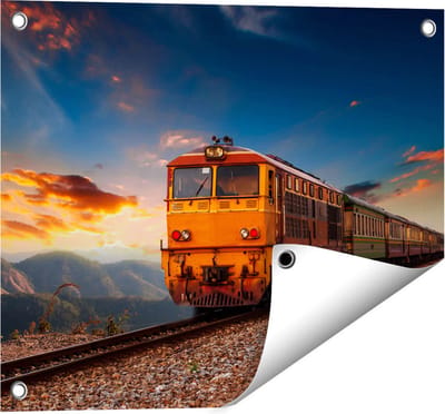 Gards Tuinposter Trein tussen de Bergen in Thailand - 50x40 cm - Tuindoek - Tuindecoratie - Wanddecoratie buiten - Tuinschilderij