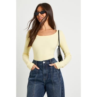 boohoo Dames Geribbelde top met ronde hals en nauwsluitende lange mouwen | Citroen | Maat: 34
