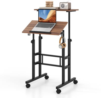 COSTWAY Sta-bureau, in hoogte verstelbaar, mobiele computertafel met wielen, kantelbaar tafelblad en 2 haken, bureau, state-zittafel, laptoptafel voor thuis, kantoor (walnoot)