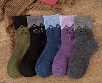 Dames Wol Sokken - 3 paar - Huissokken - Wandelsokken - grijs - paars - mix - random - leuke print kat - 36 - 40 - warm - cadeau voor haar - gift - geschenk - Kerst cadeau