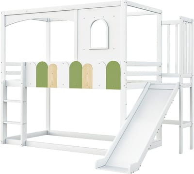 Sweiko Hoogslaper - 90 x 200 cm - Huisvormig - Met glijbaan - Kinderbed - Wit