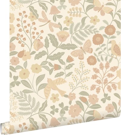 ESTAhome behang bloemen en vogels beige, groen en zacht roze - 53 cm x 10.05 m - 139867