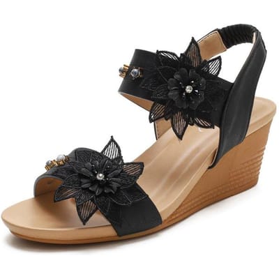 Sandales compensées en cuir modernes pour femmes, grande taille 42 43, dentelle, fleurs, perles, talon moyen, chaussures d'été décontractées, bout ouvert, style bohème 36 noir