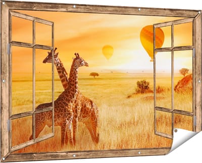 Gards Tuinposter Doorkijk Twee Giraffen met Twee Oranje Luchtballonnen - 150x100 cm - Tuindoek - Tuindecoratie - Wanddecoratie buiten - Tuinschilderij