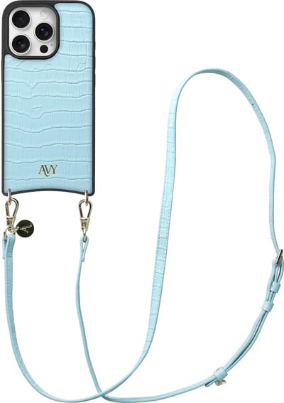 AVY Leren Hoesje Geschikt voor Apple iPhone 16 Pro Max | Compatibel met MagSafe | Leather Case met Telefoonkoord | Crossbody | Croco Blauw | Long Leather