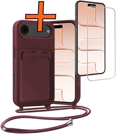 Hoesje Geschikt voor iPhone Air Hoesje Met Telefoonketting Pasjeshouder Case Met Screenprotector Koord - Hoesje Geschikt voor iPhone Air Hoes Met Kaarthouder - Aubergine