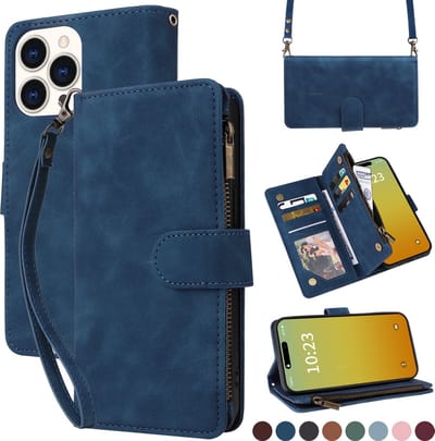 YPCd Wallet Case Pasjeshouder met Rits – Geschikt voor Apple iPhone 15 Pro – Luxe Bookcase Hoesje met 6 Pasjesvakken & Polsbandje – Blauw