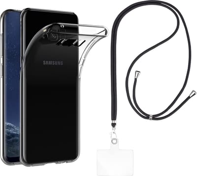 Set met hoesje en nekband voor Samsung Galaxy s8 plus - Flexibele, transparante TPU-bescherming, verstelbare universele nekband voor mobiele telefoons, zwarte nekband, transparante draagriem van Phonillico®