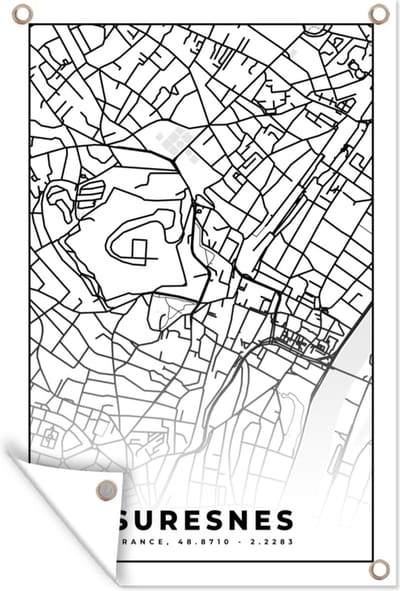 Muurdecoratie Kaart - Stadskaart - Suresnes - Frankrijk - Plattegrond - Zwart wit - 120x180 cm - Tuinposter - Tuindoek