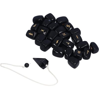 Ensemble de 25 Pierres Runiques en Cristal avec Pendule et Sac Guérison Bonne Chance Divination Pierres Runiques pour noir