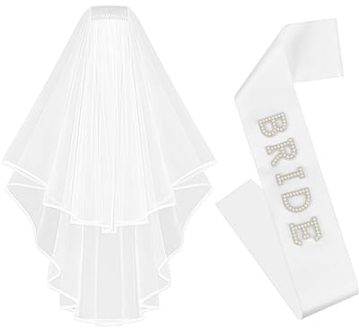 Dailygoods- Bruidsluier Dubbelzijdig - Satijnen Sjerp met 'BRUID' - Parelversierde Sjerp - Licht Netmateriaal - Comfortabele Kam - Bruidssjerp