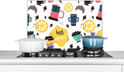 Spatscherm keuken 60x40 cm - Kookplaat achterwand Patronen - Koffie - Ontbijt - Croissant - Muurbeschermer - Spatwand fornuis - Hoogwaardig aluminium
