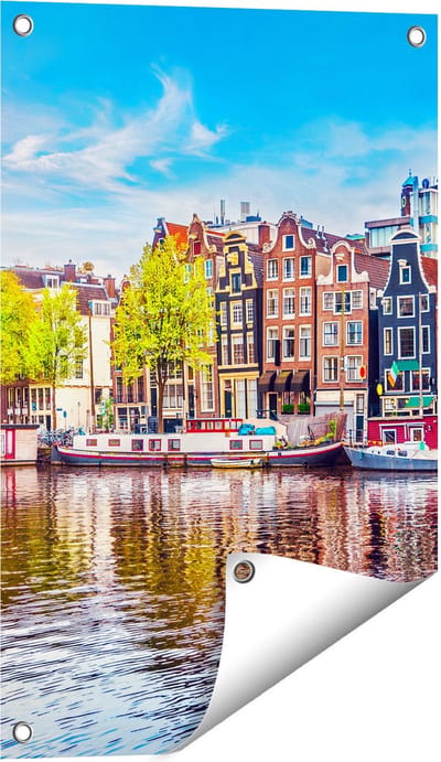 Gards Tuinposter Amsterdamse Huisjes aan het Water - 40x60 cm - Tuindoek - Tuindecoratie - Wanddecoratie buiten - Tuinschilderij