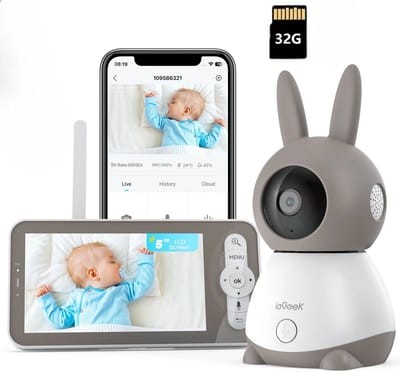 ieGeek Babyfoon met Camera - 2K HD camera - Premium Baby Monitor 5 inch Monitor- & Gratis App - Incl. Geluidsdetectie - Voedingsalarm en Temperatuursensor - Inclusief 32GB Geheugenkaart