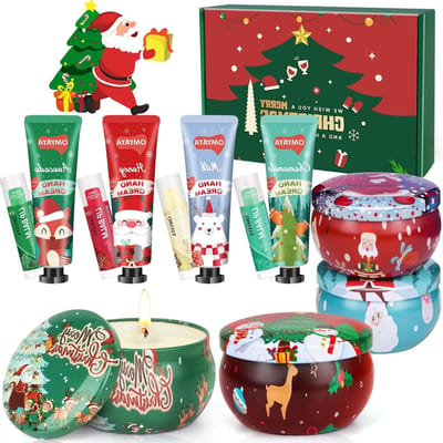 Kerstcadeaus voor Vrouwen: Set van 4 Geurkaarsen, Mini Handcrèmes en Lippenbalsem, Perfecte Verjaardagscadeaus en Feestelijke Attenties voor Moeders, Collega's en Leraren