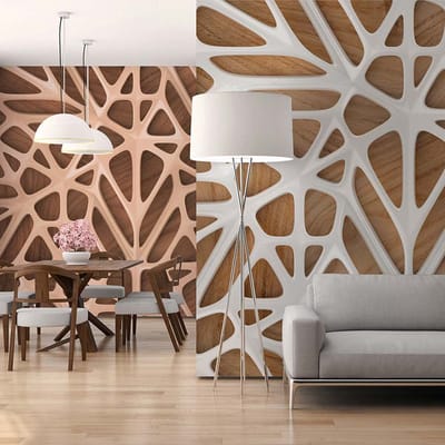 Fotobehang hout 3D bruin wit, buitengewoon abstract fotobehang, 3D behang in 3,50 x 2,55 m, modern vliesbehang voor kantoor, BRICOFLOR.nl