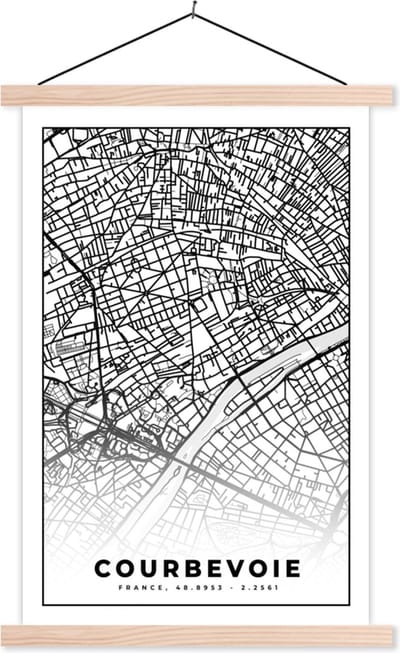 Posterhanger incl. Poster 40x60 cm - Schoolplaat - Kaart - Stadskaart - Frankrijk - Courbevoie - Plattegrond - Zwart wit - Textielposter - Blanke latten - Stadskaart