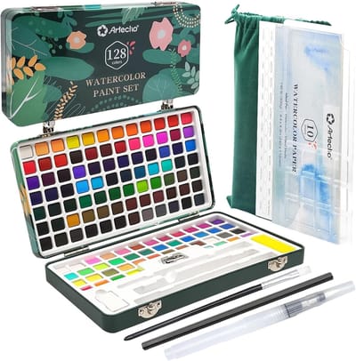 Aquarelverfset 128 Kleuren - Volwassen Waterverf Set met Aquarelpapier en Borstels voor Beginners en Professionals