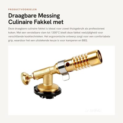 Dailygoods - Draagbare Messing Culinaire Fakkel met Verstelbare Vlam tot 1300°C