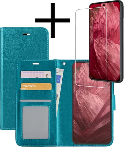 Hoesje - Met Screenprotector - Geschikt voor Google Pixel 8a - Luxe Pasjeshouder - Bookcase Portemonee - Flip Case - Kunstleer Book Case - Flipcase - Book Cover - Walletcase - Portemonneehoes - Turquoise