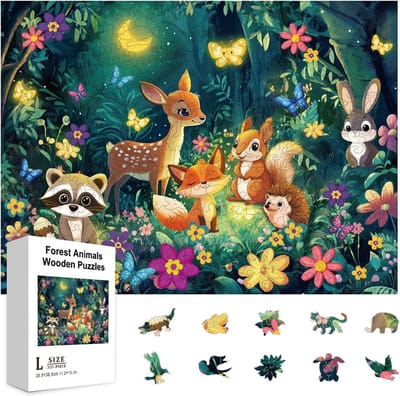 GLOBLELAND 300 Pieces Night Forest Cartoon Animals Wooden Jigsaw Puzzles for Adults 28.5 x 38.5cm Colorful Cartoon Deer Fox Wood Kids Puzzle for Holiday Birthday Gift