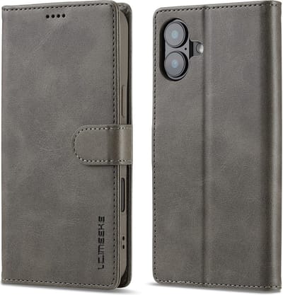 LC.IMEEKE Hoesje - Geschikt voor iPhone 16 Plus Hoesje - LC.IMEEKE Luxe Book Case - Grijs