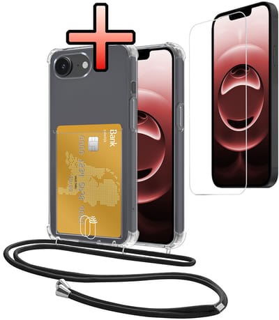 Hoes Geschikt voor Apple iPhone 16e / 17e Hoesje Pasjeshouder Cover Met Koord Shock Proof Case Siliconen Hoes Met Telefoonkoord en Kaarthouder Met Screenprotector - Transparant