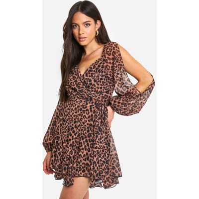 boohoo Dames Luipaard Chiffon Jurk met Kant in de Rug, Pofmouwen en Wrap Skater Silhouet | Brown | Maat: 8
