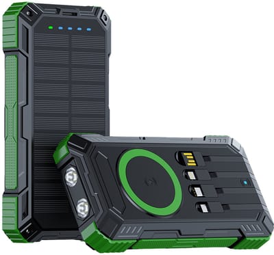 Powerbank - 20000mAh - Zonneenergie - Snelladen - Noodpakket -Draadloos Laden - Incl. kabels/Zaklamp - Zwart met Groen