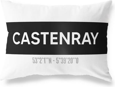 Tuinkussen CASTENRAY - LIMBURG met coördinaten - Buitenkussen - Bootkussen - Weerbestendig - Jouw Plaats - Studio216 - Modern - Zwart-Wit - 50x30cm