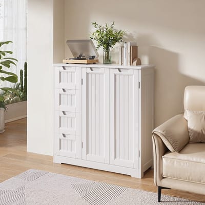 Bealife AP67 Badkamerkasten, badkamermeubel met 4 laden en 2 deuren, kast voor badkamer woonkamer keuken, badkamermeubel met verstelbare plank, badkamermeubel, 81 X 30 X 83 cm, wit