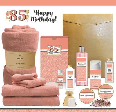 Geschenkset “85 Jaar Happy Birthday!” - 13 producten - 1980 gram | Giftset Cadeau Verjaardag - Speciaal Voor Haar Vrouw Gefeliciteerd Cadeaupakket Geschenk Pakket Gift Set Party Verjaardagscadeau Luxe Wellness Cadeaubox - Zalmroze