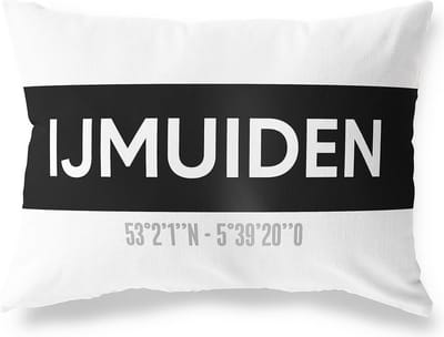 Tuinkussen IJMUIDEN - NOORD-HOLLAND met coördinaten - Buitenkussen - Bootkussen - Weerbestendig - Jouw Plaats - Studio216 - Modern - Zwart-Wit - 50x30cm