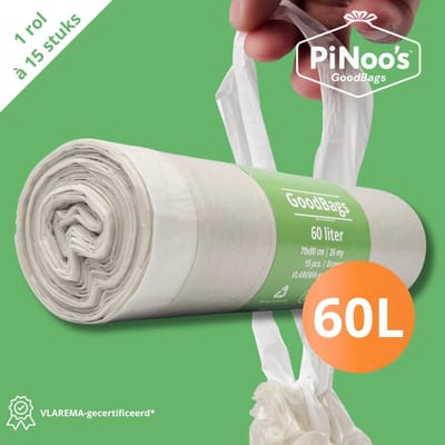 PiNoo’s® GoodBags Vuilniszakken 60 Liter | 1 rol à 15 zakken - Trekband | 100% Gerecycled LDPE | 26 My | 70x80 cm - Pedaalemmerzakken 60 liter met trekband, Geschikt voor Brabantia en Hailo - 60 liter (07008001326R)