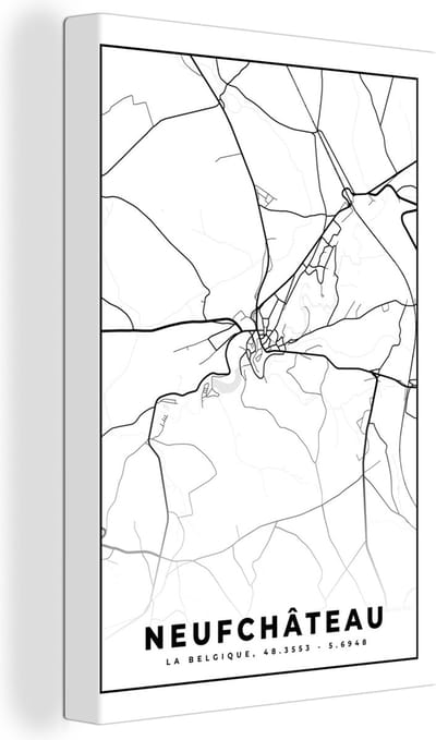 Canvas Schilderij Plattegrond – Neufchâteau – Zwart Wit – Stadskaart - Kaart - België - 20x30 cm - Wanddecoratie
