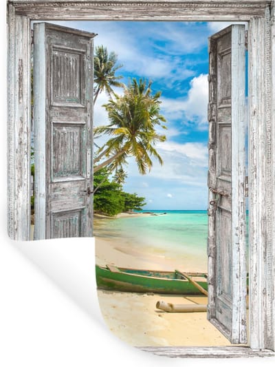 Muurstickers - Sticker Folie - Kano - Strand - Palmboom - Strand - Doorkijk - 30x40 cm - Plakfolie - Muurstickers Kinderkamer - Zelfklevend Behang - Zelfklevend behangpapier - Stickerfolie