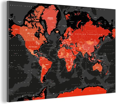 Aluminium schilderij 150x100 cm - Wanddecoratie metaal - Wereldkaart - Rood - Zwart - Kind - Jongetjes - Meid - Metalen muurdecoratie woonkamer - Decoratie industrieel - Foto op dibond - Industriële accessoires slaapkamer