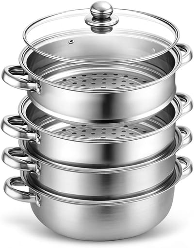 Roestvrijstalen stoompan - Kookpan met lagen - Gezond koken - 4 verdiepingen - 28 cm - Zilver