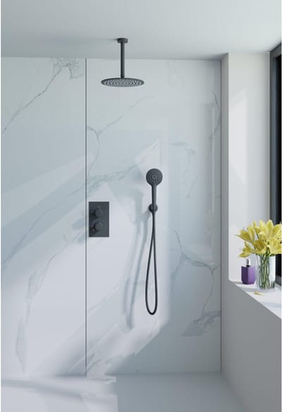 FugaFlow Eccelente Acces Inbouw Regendoucheset - thermostatisch - plafondarm - 25cm hoofddouche - ronde handdouche - gladde doucheslang - mat zwart