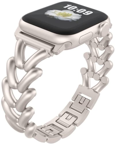 Luxe RVS bandje - geschikt voor Apple Watch 1/2/3/4/5/6/7/8/9/10/11/ SE (1,2,3) met maat 38 mm / 40 mm / 41 mm en 42 mm (Watch 10/11) - stalen schakel bandje - starlight