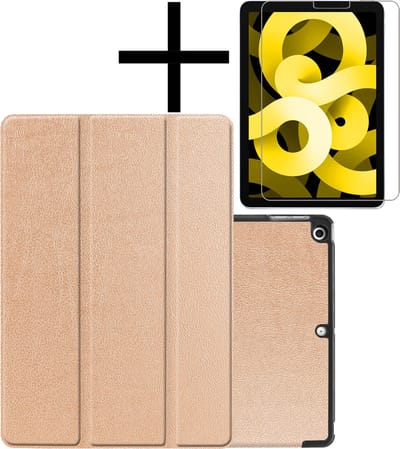 Hoes - Geschikt voor Apple iPad Air 5 (2022) - 10.9 inch - 5e Generatie - M1 - Met Screenprotector - Trifold Bookcase - Hard Cover - Hardcover Book Case - Tablet Hoesje - Goud